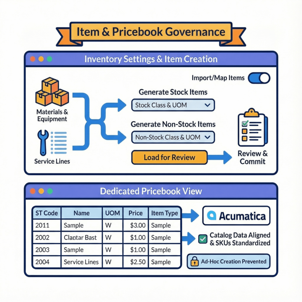Biz-Tech Services: item creation and pricebook governance workflow for Acumatica catalog