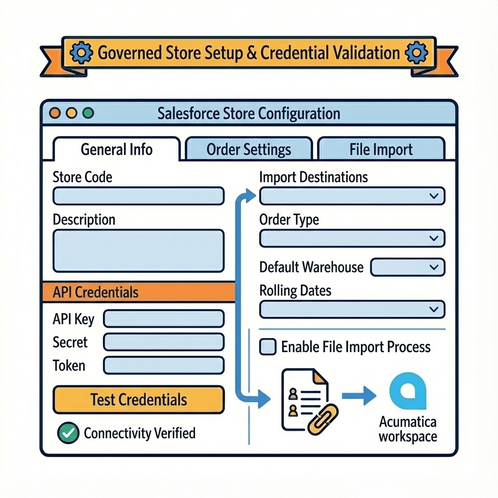 Biz-Tech Services: Salesforce store configuration with API credential validation and file import setup
