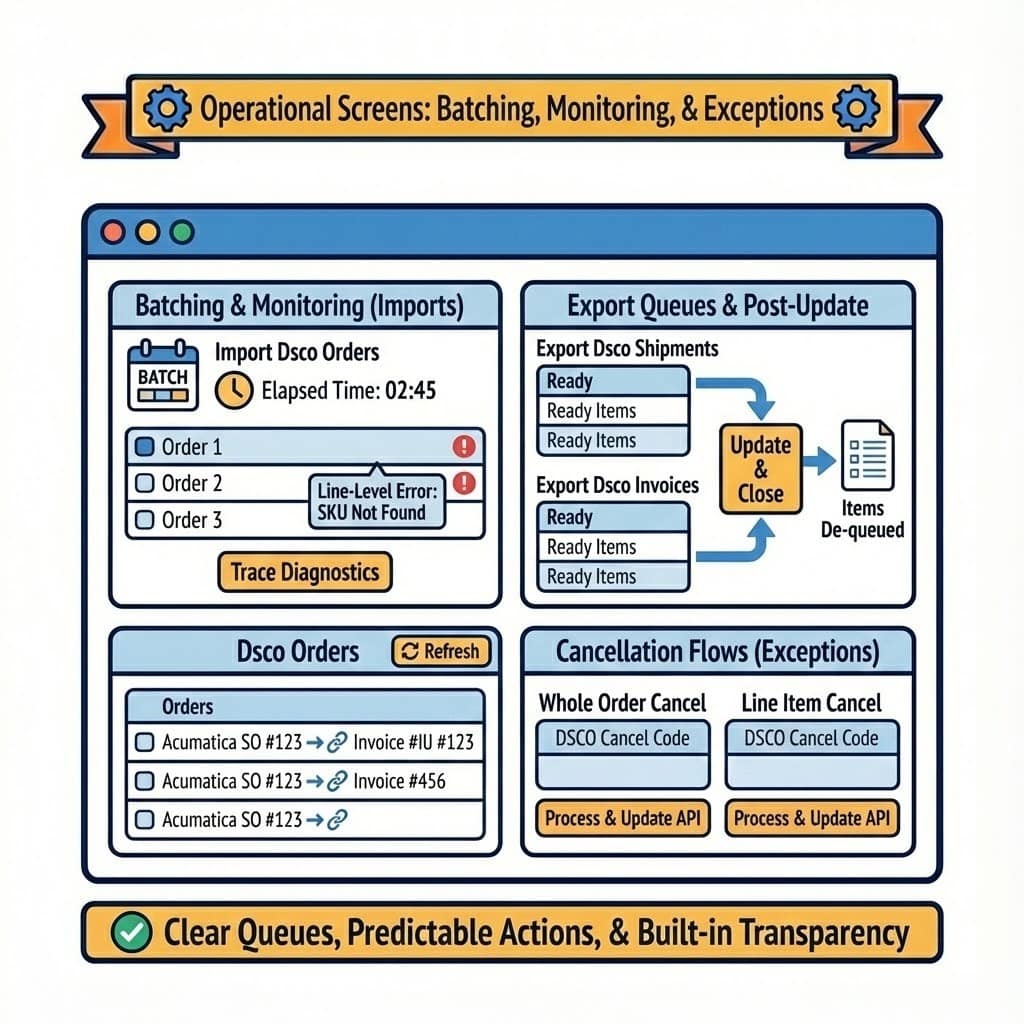 Biz-Tech Services: operational screens diagram — batching, monitoring & exceptions