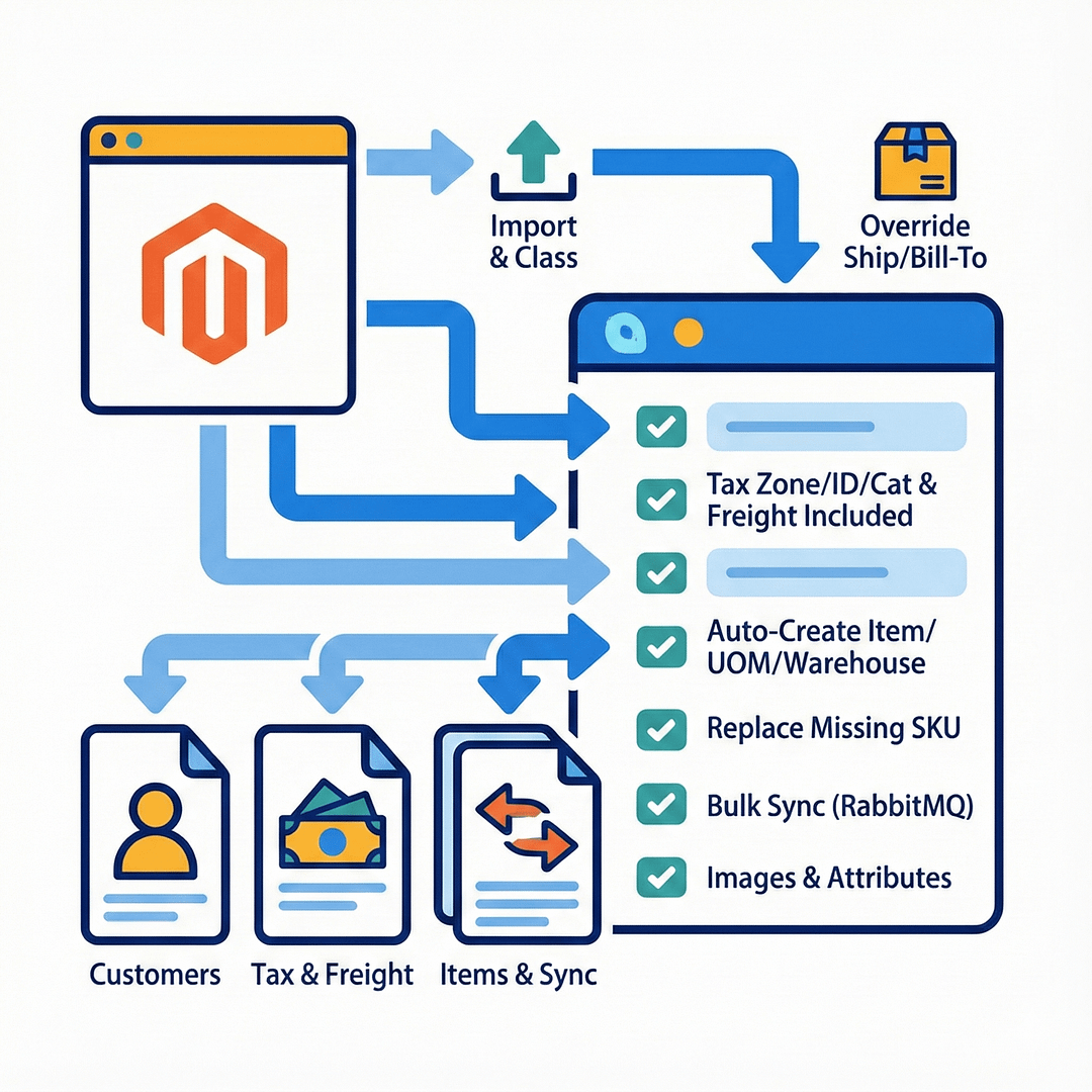 Biz-Tech Services: Magento import and sync workflow with customers, taxes, and items
