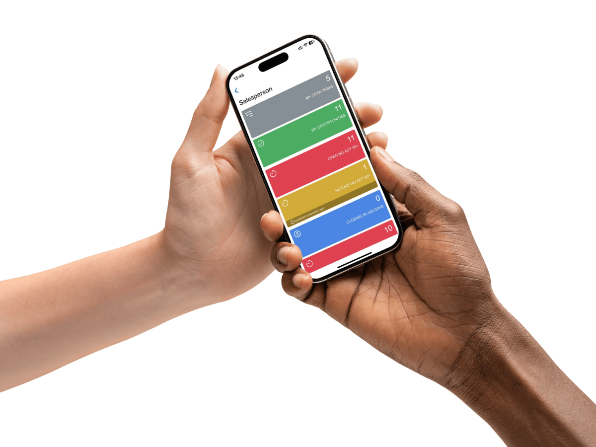 Hands holding a smartphone showing a mobile CRM dashboard