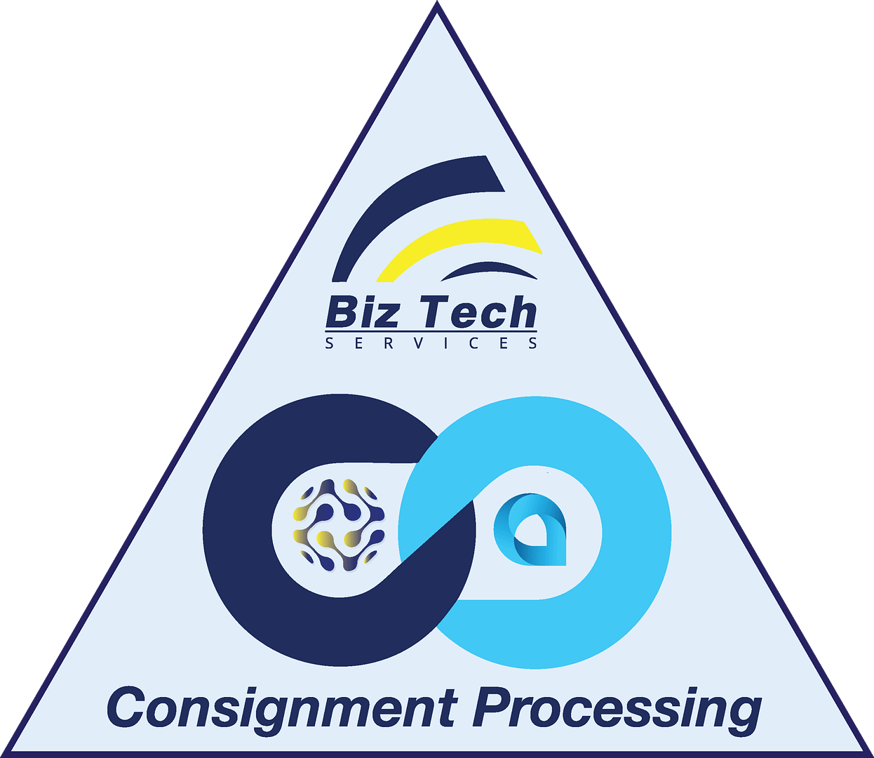Triangular Biz-Tech Services badge with an infinity-loop integration graphic labeled “Consignment Processing”