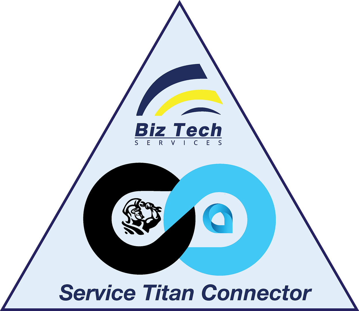 riangular Biz-Tech Services badge with a ServiceTitan icon linked to the Acumatica logo in an infinity symbol, labeled “Service Titan Connector”