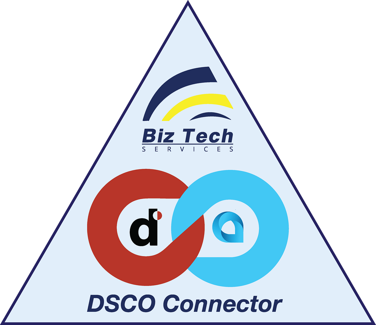 Triangular Biz-Tech Services badge with DSCO and Acumatica logos linked in an infinity symbol, labeled “DSCO Connector”