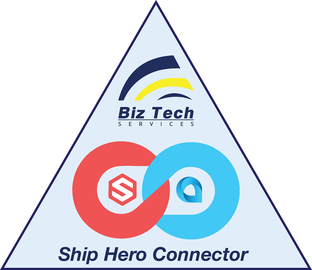 Triangular Biz-Tech Services badge with a ShipHero icon linked to the Acumatica logo in an infinity symbol, labeled “Ship Hero Connector”