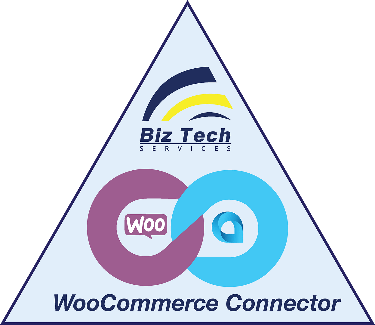riangular Biz-Tech Services badge with WooCommerce and Acumatica logos linked in an infinity symbol, labeled “WooCommerce Connector”