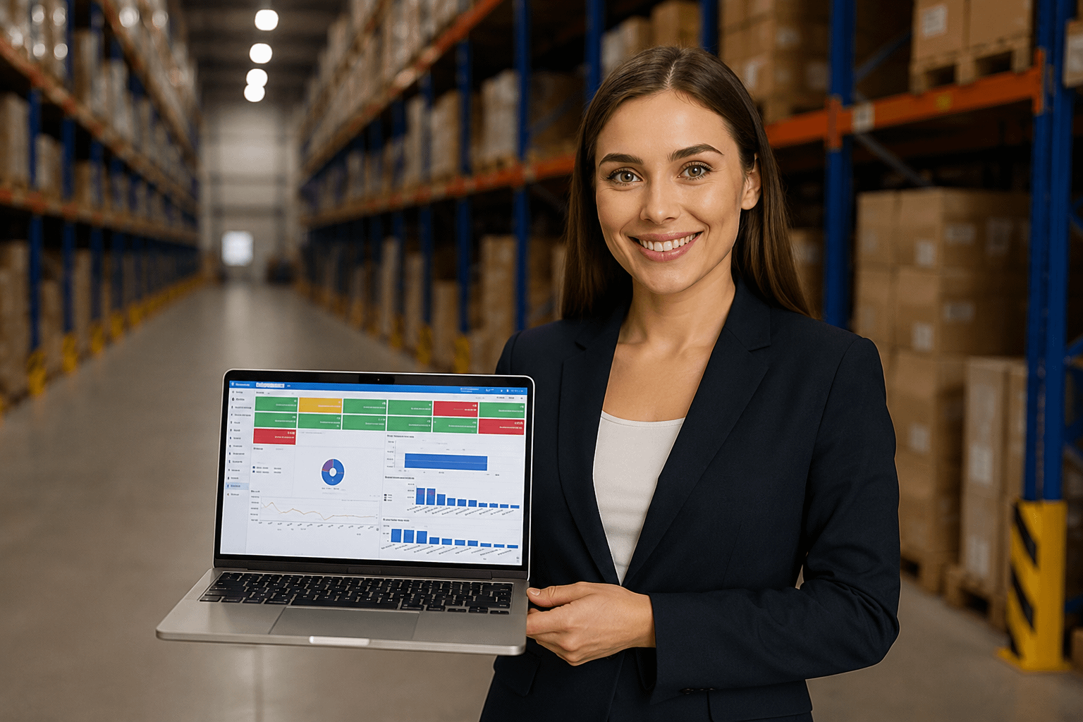Warehouse manager holding laptop with inventory and sales dashboard