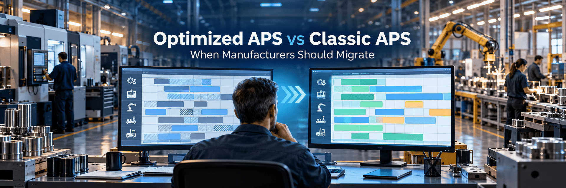 Manufacturing planner reviewing a work-center capacity schedule for an Optimized APS migration in Acumatica