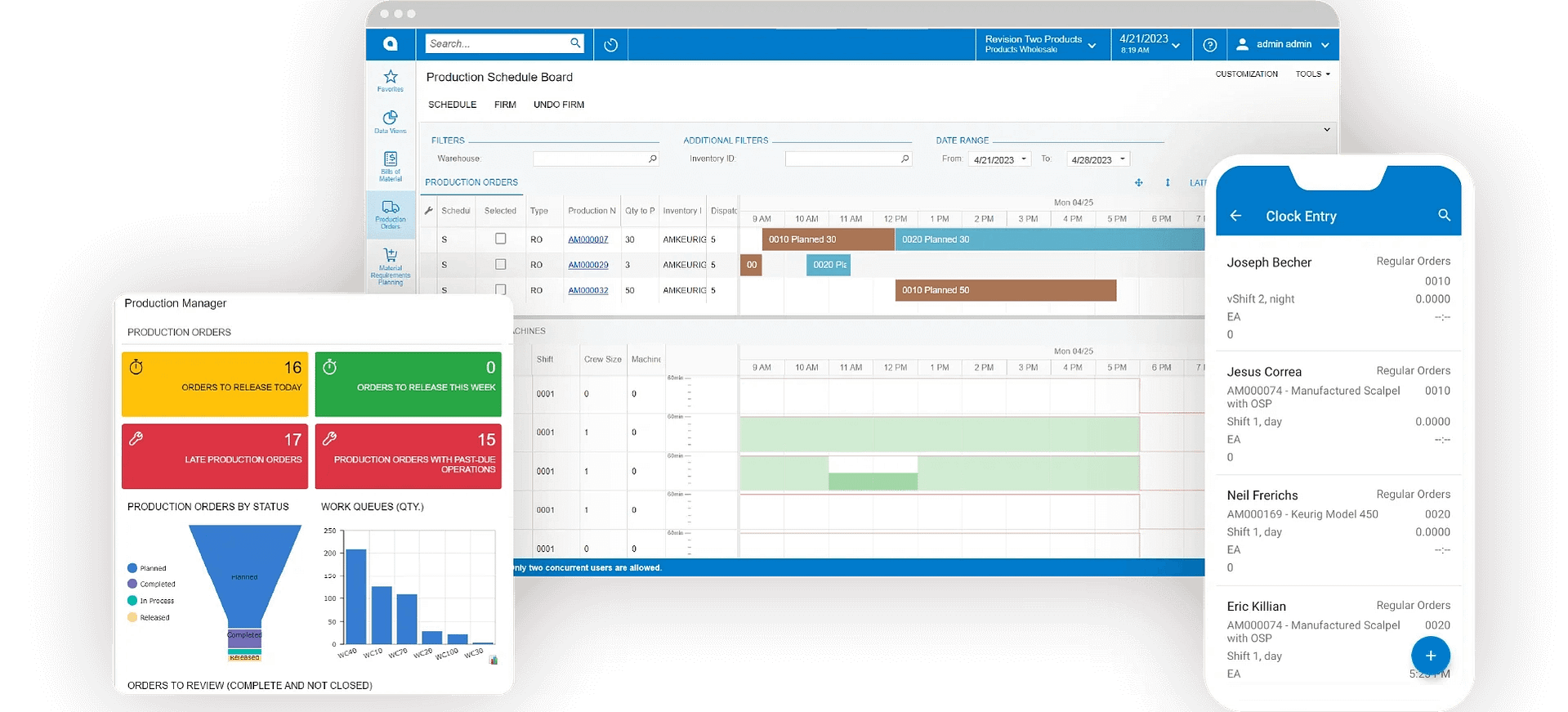 Production schedule board with production orders dashboard and clock entry screen