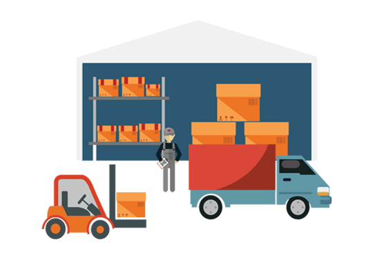 Warehouse scene with forklift, worker, and truck loading boxes