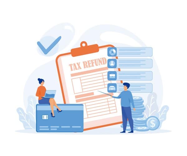 Tax refund form with checklist, credit card, and finance icons