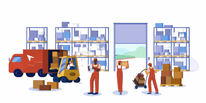 Warehouse workers loading boxes with a forklift and delivery truck