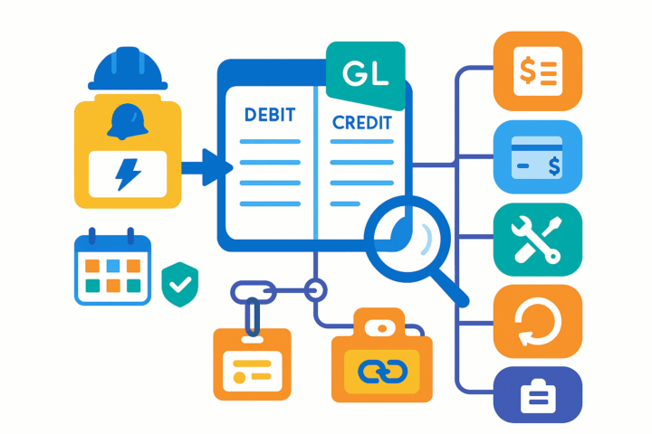 Illustration of a general ledger (GL) with debit and credit pages connected to finance and operations icons like invoices, payments, tools, sync, and reports