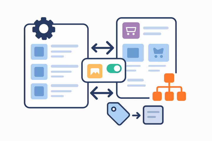 Illustration of two app panels exchanging data with arrows, showing product listings, a cart icon, image toggle, tags, and an integration flow symbol