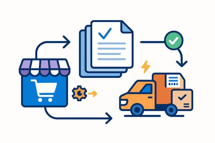 Storefront icon sends orders to documents, then to a delivery truck, with checkmarks indicating approval and successful fulfillment