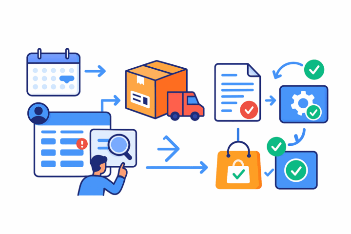 Order workflow diagram showing scheduling, shipping, and automated status checks