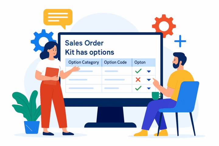 Two people reviewing kit options on a sales order screen with selectable checks and dropdowns