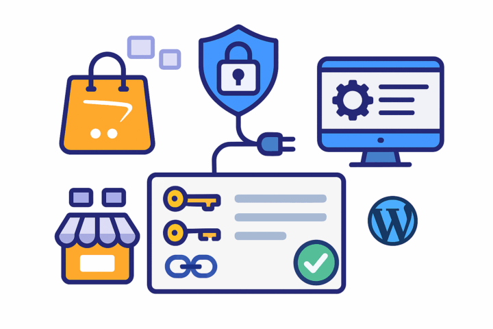 Icons for Amazon, a storefront, and WordPress connected to a credentials panel with keys, a lock shield, and a verified checkmark