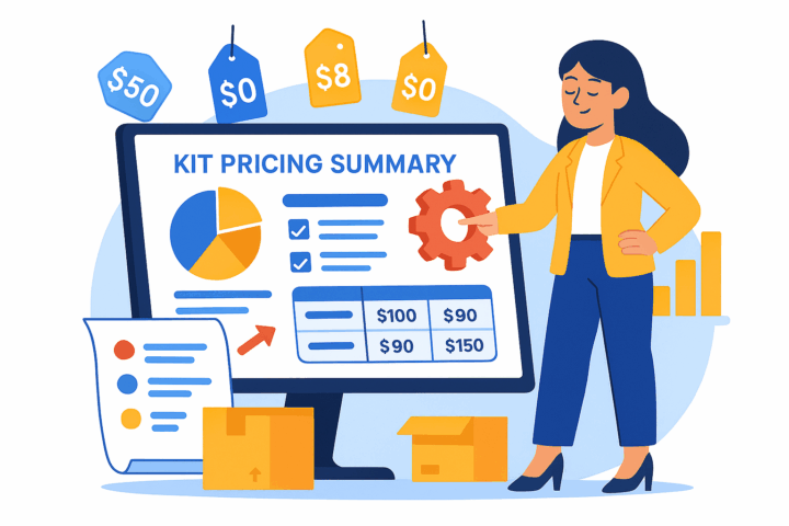 Woman managing kit pricing on a large dashboard showing charts, a pricing table, and hanging price tags