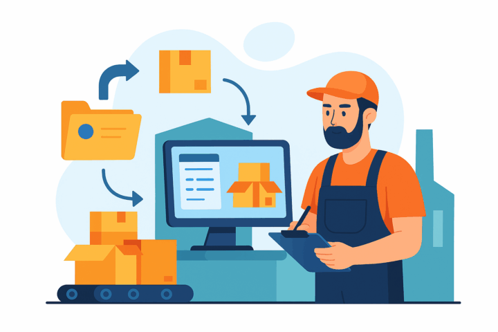 Warehouse worker using a tablet while boxes move on a conveyor and inventory updates on a computer screen