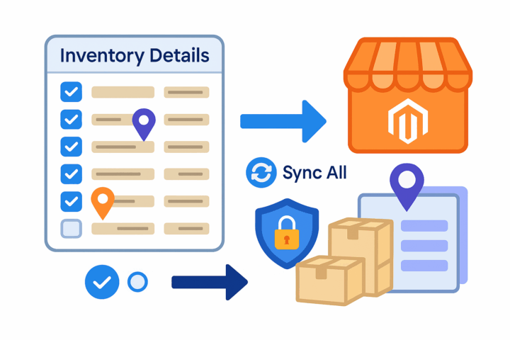 Inventory details synced to Magento store with secure sync icons