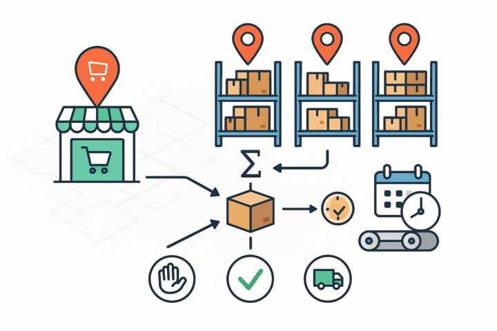 Diagram showing an online store feeding orders into a central allocation engine that routes inventory across multiple warehouses with scheduling and shipping controls