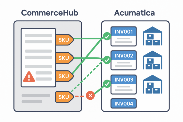 Diagram showing CommerceHub SKUs mapped to Acumatica inventory items (INV001–INV004) with successful matches and one failed mapping highlighted as an exception