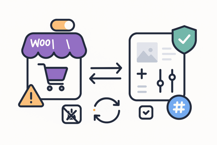 Icon of a WooCommerce storefront exchanging data with a product settings panel, with sync arrows, warning, and security badge