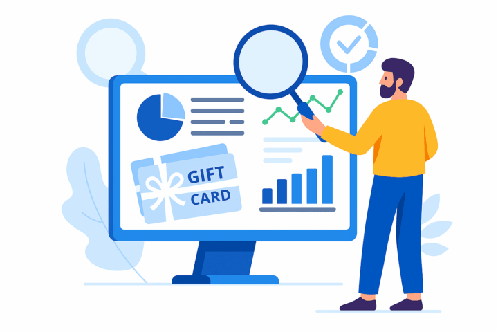 Analyst reviewing gift card performance on a dashboard screen.