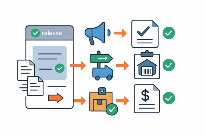 Order release workflow with documents, shipping steps, and billing checks