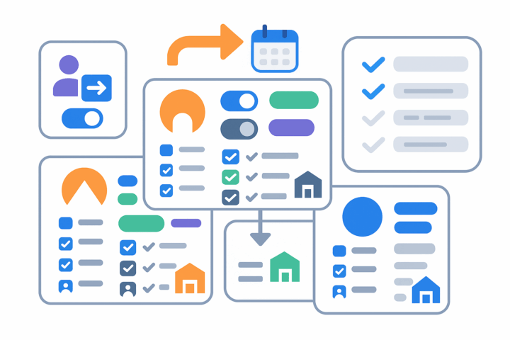 Task assignment dashboard with calendar, checklists, and workflow status cards