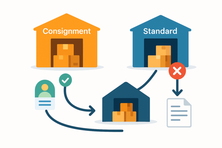 Diagram showing separate consignment and standard warehouses with arrows indicating approved routing to consignment storage and blocked routing to standard documents to prevent errors