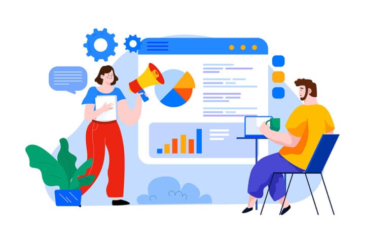 Marketing team reviewing analytics dashboard with charts and reports