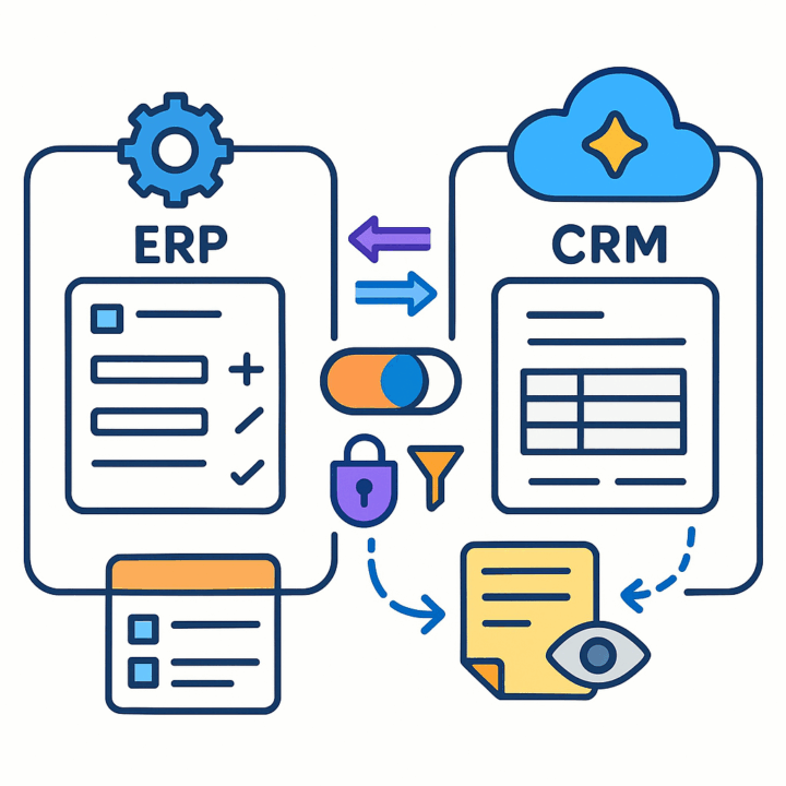 ERP and CRM data sync illustration with access control icons