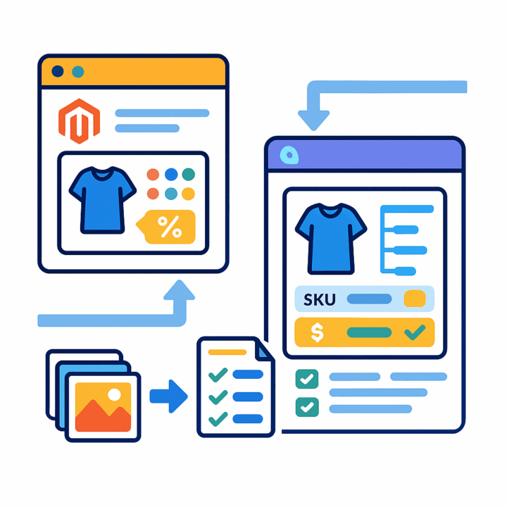 Magento product data sync showing SKU, pricing, and media updates