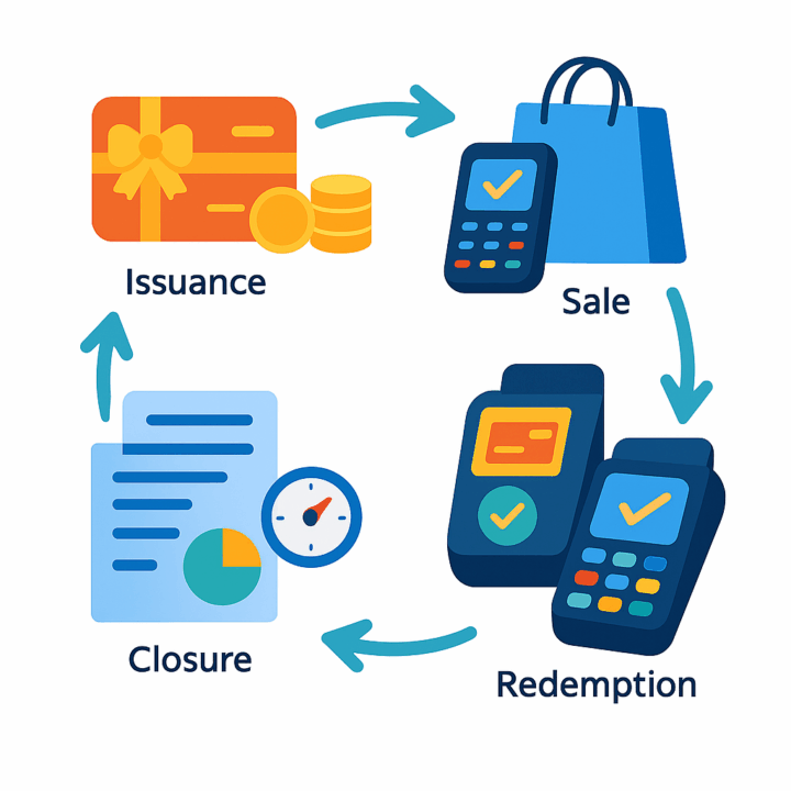 Diagram showing gift card issuance, sale, redemption, and closure steps.