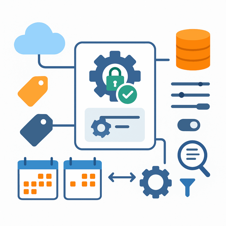 Secure integration panel with lock and checkmark connecting cloud and database, with tags, schedule icons, settings sliders, search, and filter