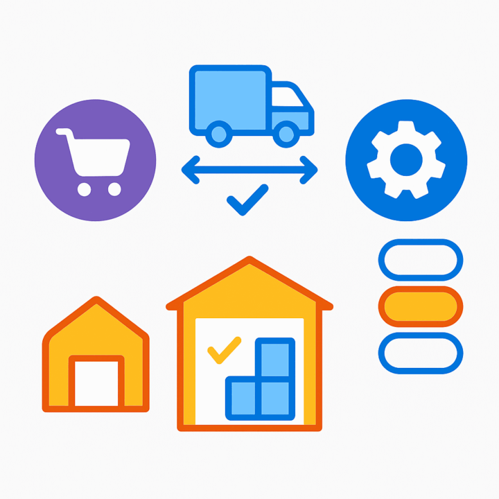 Icon set showing shopping cart, delivery truck with two-way arrows, gear, warehouses, stacked boxes with a checkmark, and status toggles