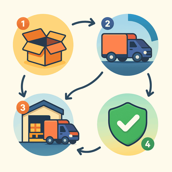 Four-step consignment lifecycle diagram showing package, delivery truck, warehouse receiving, and confirmation shield