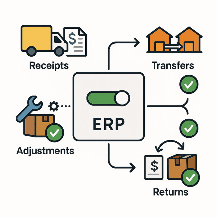 ERP workflow icon showing receipts, transfers, adjustments, and returns flowing through an ERP system with check marks