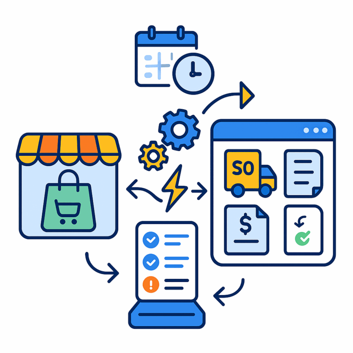 Online store syncing sales orders with ERP: scheduling, rules, validation, shipping, invoicing, and payment status updates