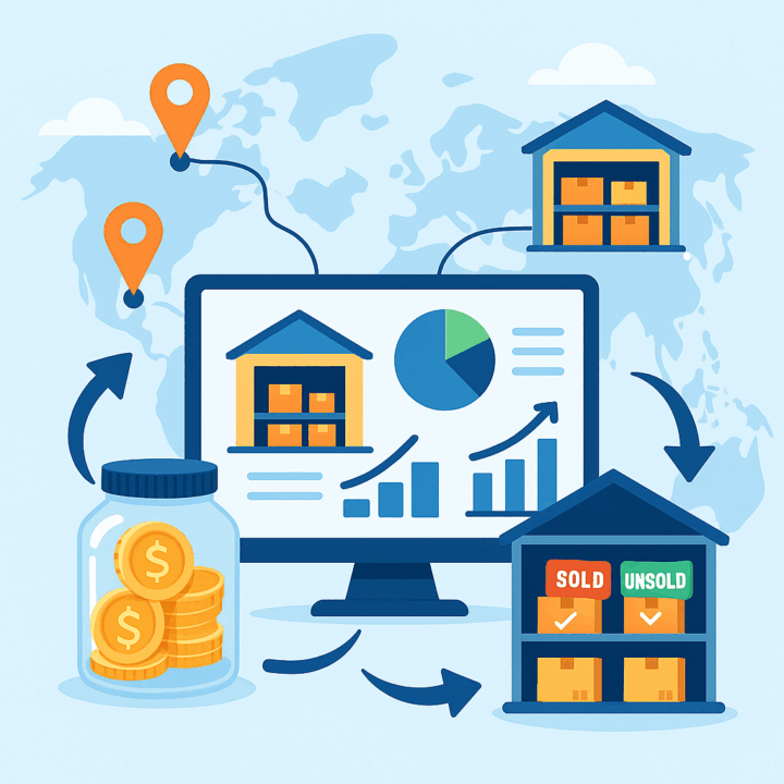 Illustration of a dashboard tracking inventory across multiple warehouse locations, showing sold vs unsold stock and revenue visibility for consignment operations