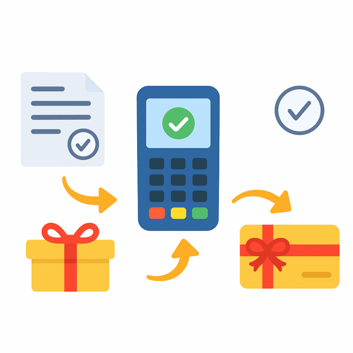 Illustration of gift card purchase and payment confirmation workflow.