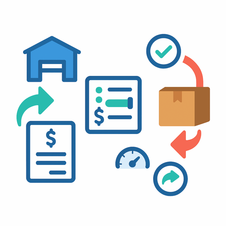 Workflow cycle showing warehouse, pricing sheet, invoice, and fulfillment box with status checks