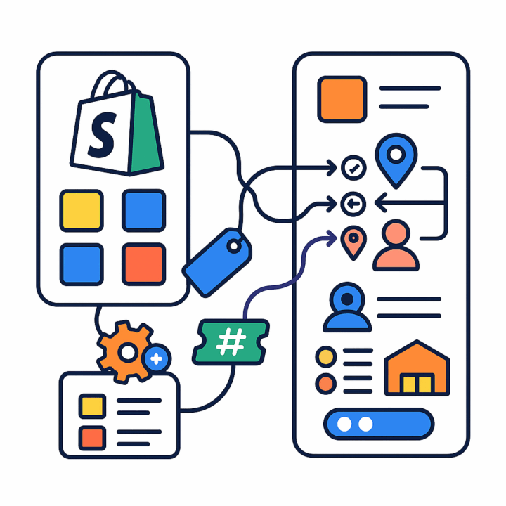 Shopify app and product data mapped to ERP customer, location, and warehouse records using controlled identifiers and rules