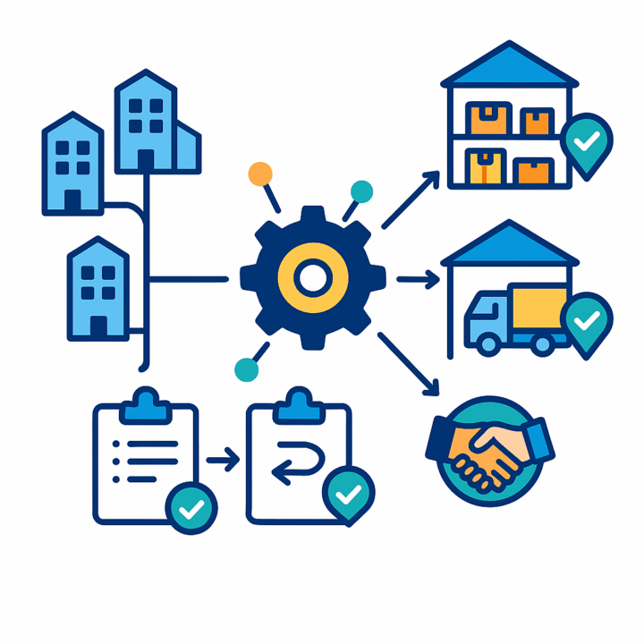 Diagram showing a central automation gear routing orders between multiple locations, warehouses, shipping, approvals, returns, and partner handoffs
