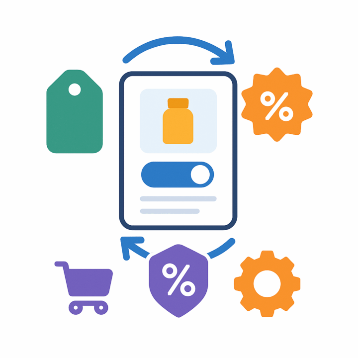 Illustration of a product page with sync arrows, price/discount icons, settings gear, shopping cart, and a tag