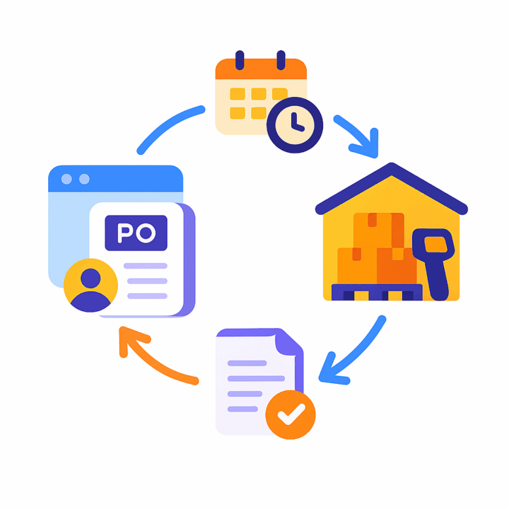 Circular flow diagram showing a purchase order (PO), scheduling calendar, warehouse receiving, and document approval connected by arrows