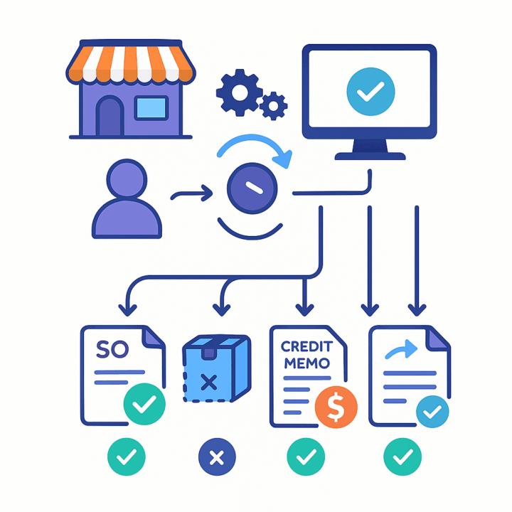 Sales order workflow with approvals, returns, and credit memo processing