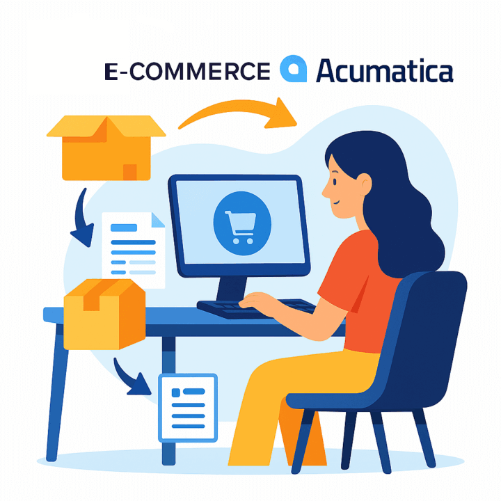 Illustration of a person at a computer with shopping cart icon and arrows showing e-commerce flow into Acumatica